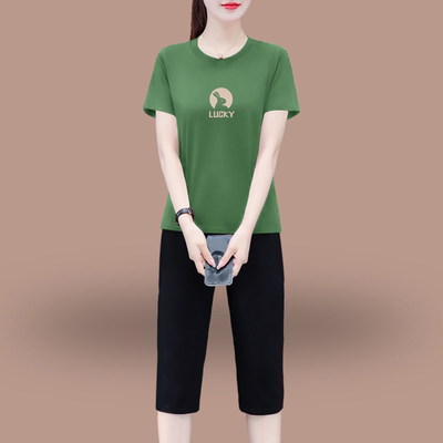 时尚休闲百搭套装2025夏季新款潮流印花短袖上衣洋气七分裤两件套