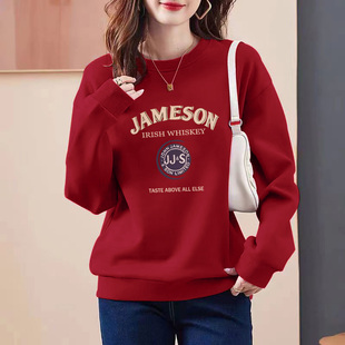 中年加绒加厚上衣打底衫 宽松女小个子短款 爆款 圆领卫衣女春秋新款