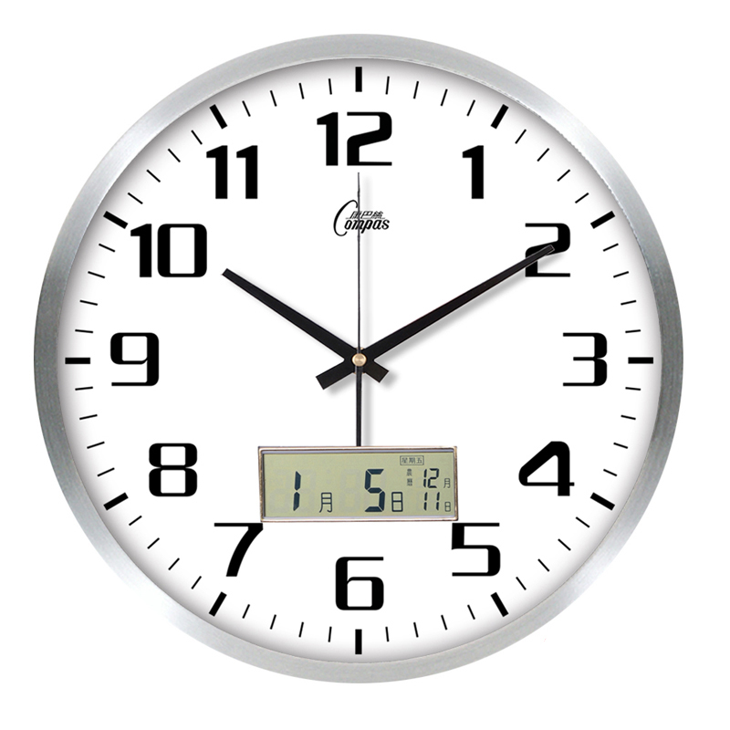 康巴丝日历温度金属电波钟创意挂钟夜光液晶显示钟表多款钟面包邮