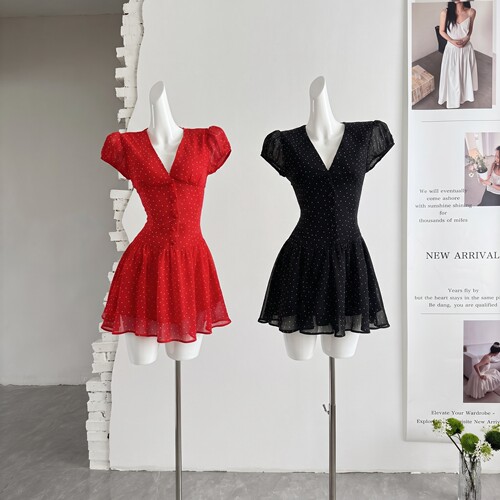 ifashion自制新款红色薄款连衣裙女夏新款收腰显瘦波点裙