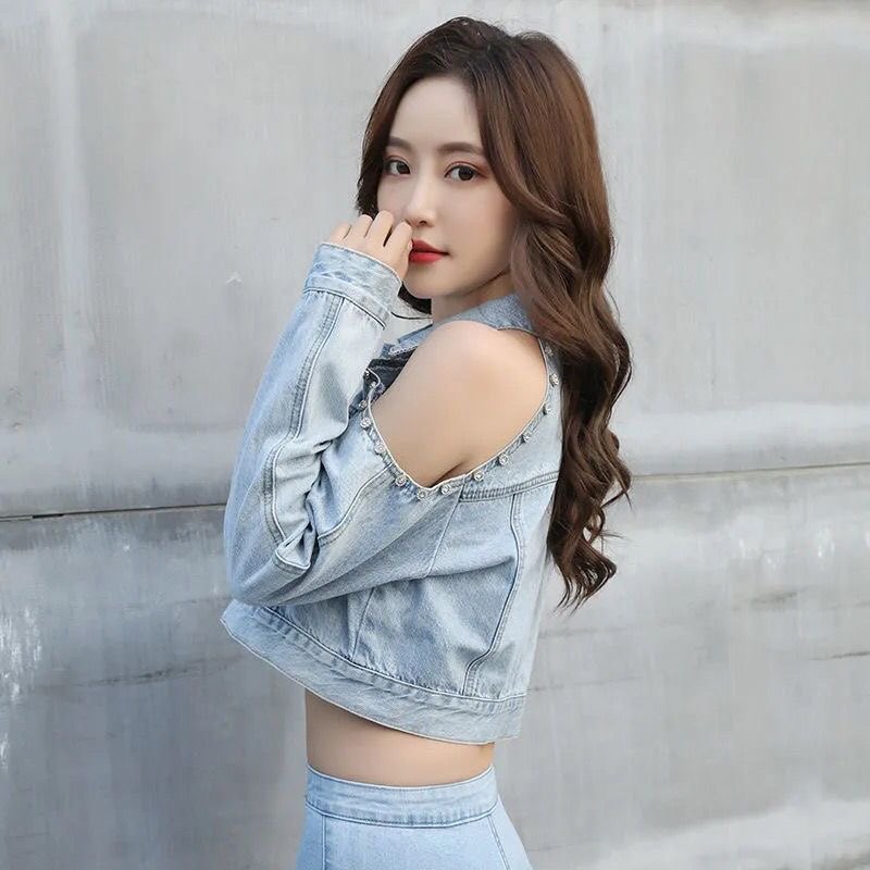 心机钻石露肩牛仔外套女潮ins春夏韩版复古宽松长袖翻领上衣开衫