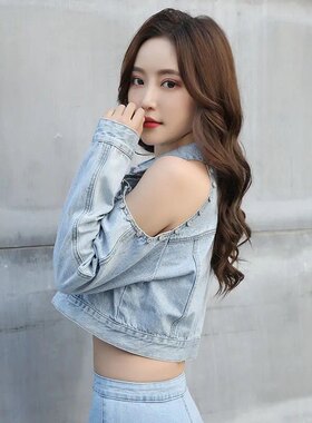 心机钻石露肩牛仔外套女潮ins春夏韩版复古宽松长袖翻领上衣开衫