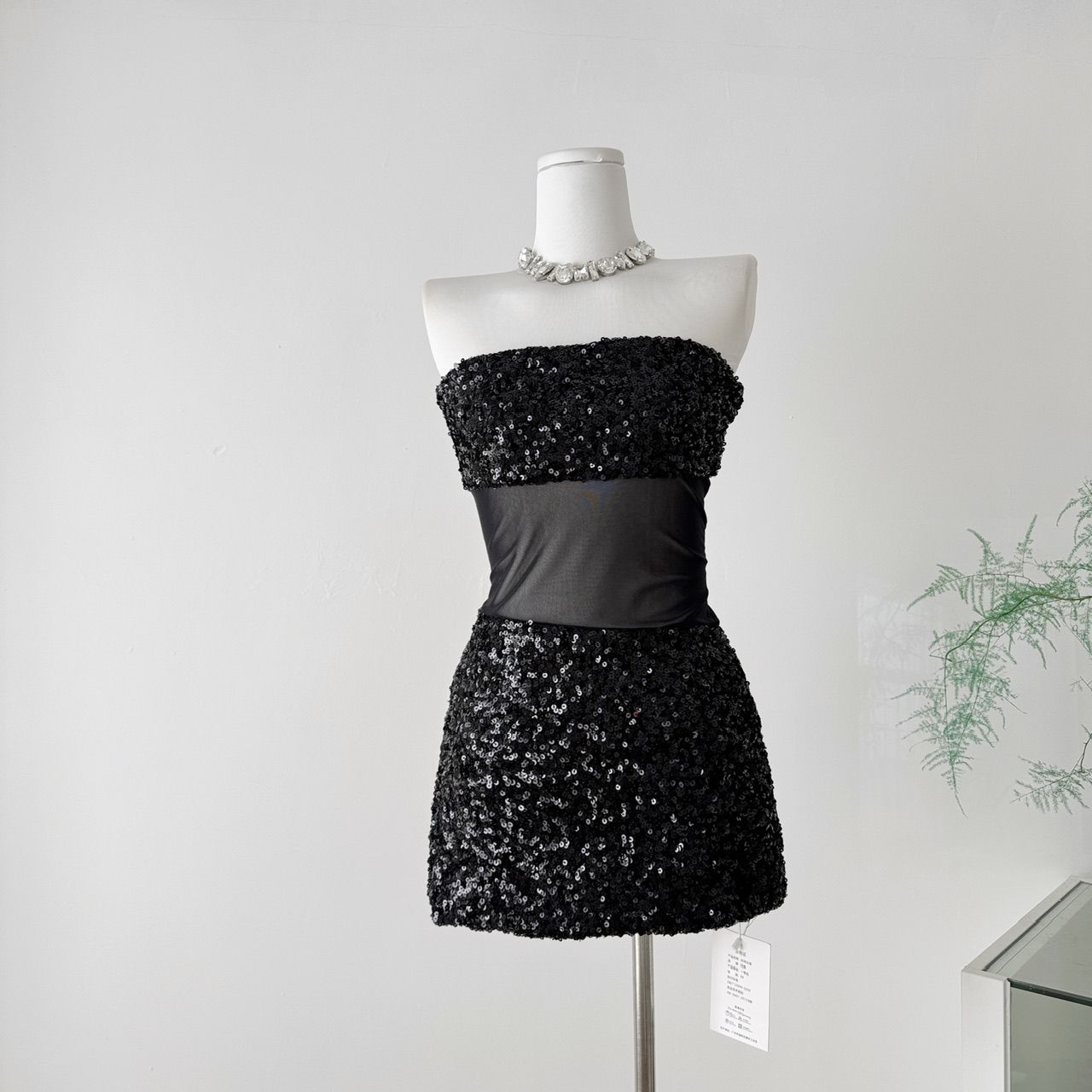 ifashion自制新款性感一字肩亮片连衣裙女网纱拼接包臀裙