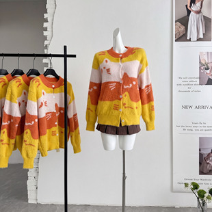 ifashion早秋设计感可爱风撞色开衫外套女宽松休闲百搭长袖毛衣