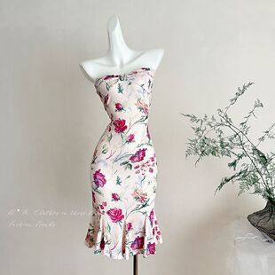 ifashion自制繁花碎花显瘦复古抹胸无袖连衣裙包臀收腰度假长裙