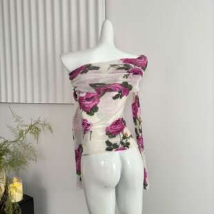 ifashion自制法式浪漫玫瑰一字肩长袖女春季全羊毛针织印花上衣