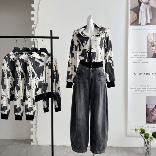ifashion自制新款奶牛纹连帽卫衣女秋印花宽松显瘦开衫拉链外套