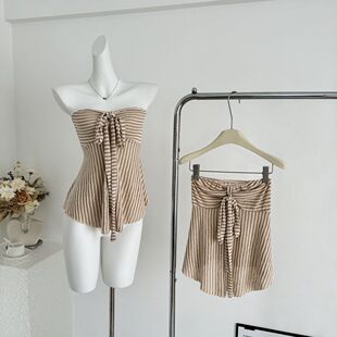 ifashion吊带背心女夏辣妹穿搭露背短款条纹抹胸无袖挂脖上衣女