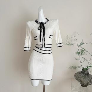 ifashion韩系甜美小香风撞色系带针织开衫上衣配显瘦半身裙套装