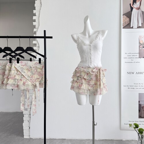 ifashion自制新款碎花荷叶边飘带防透蛋糕半身裙女夏季蓬蓬短裙