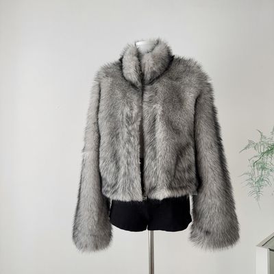 ifashion自制新款 时髦霜色正肩小立领短款毛毛外套女皮草大衣