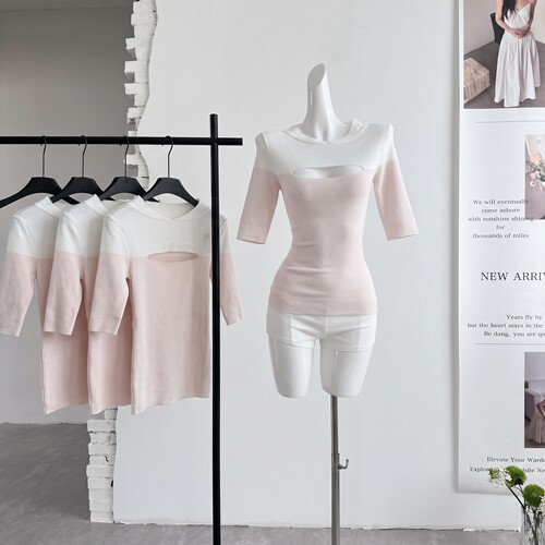 ifashion自制新款 韩女氛围感定位*镂空白拼粉修身针织短袖上衣女