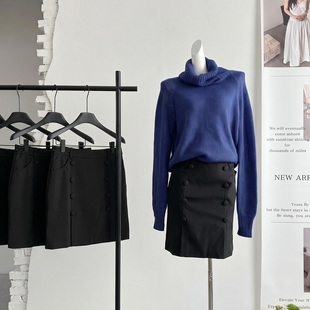 ifashion自制面料低腰双排扣折裥开衩隐拉包臀及膝铅笔西装半裙