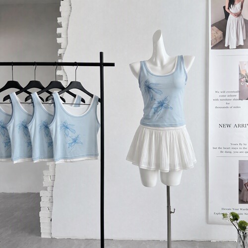 ifashion假两件拼接印花外穿无袖背心女夏韩系设计感修身显瘦上衣