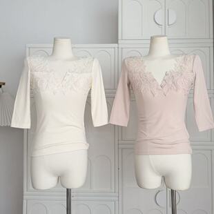 ifashion 蕾丝顶美*精致感v领套头收腰打底百搭春季温柔女上衣