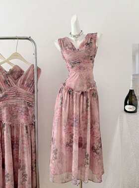 ifashion自制v领显瘦气质粉色连衣裙2025夏新品花色长裙