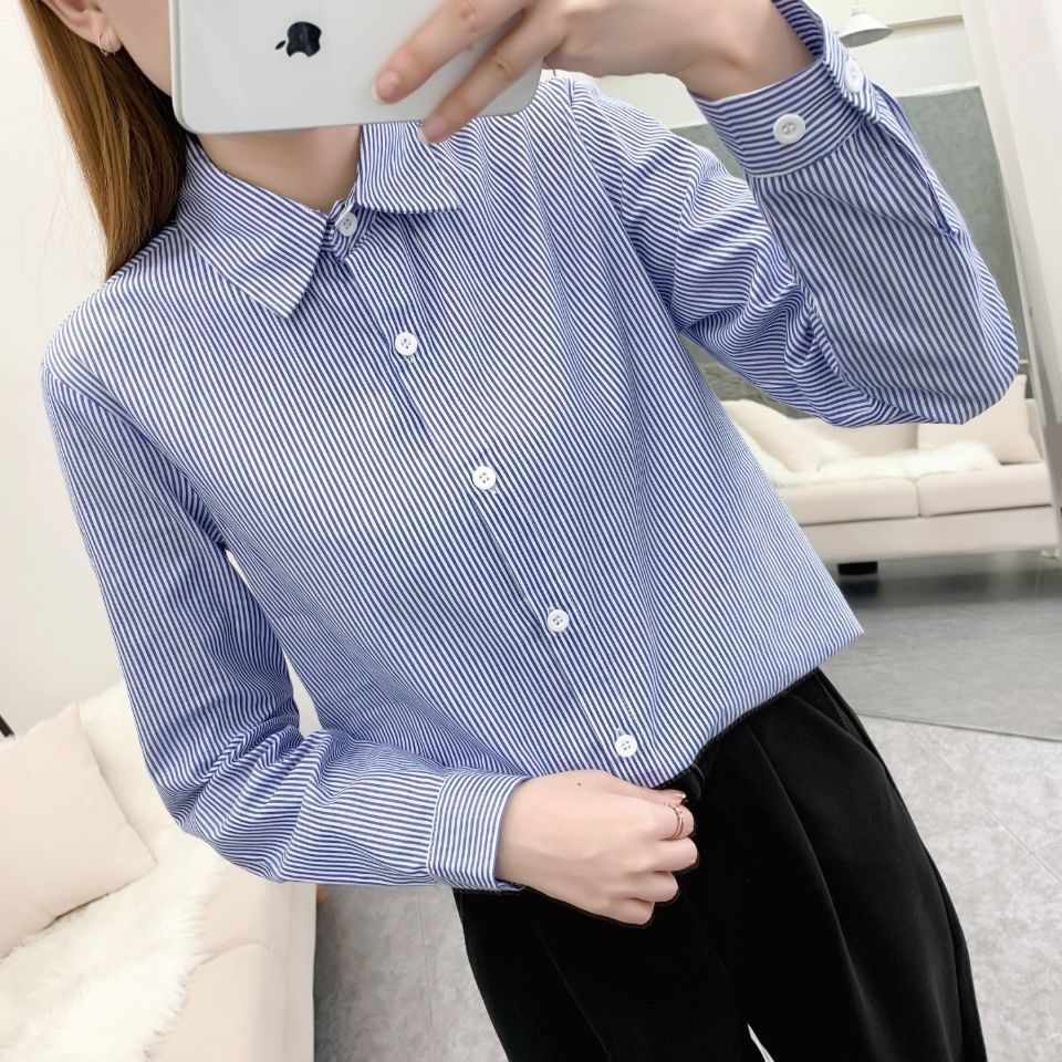 品质纯棉蓝色竖条纹通勤职业衬衫女时尚2025春夏季新款百搭衬衣