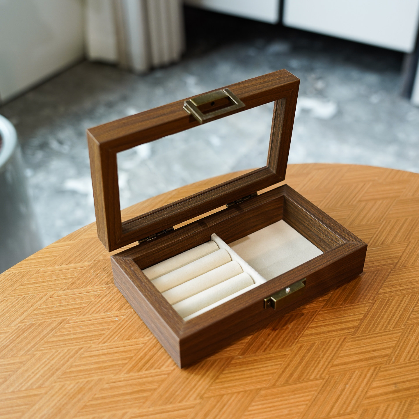 首饰盒多功能戒指耳环手串手链饰品收纳盒胡桃木纹带盖防尘防氧化,收纳整理,首饰盒,淘宝优惠券,粉丝福利购,淘宝优惠卷