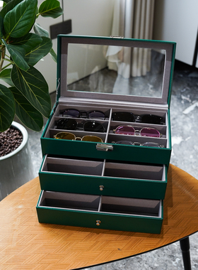 眼镜收纳盒 绿色PU皮革3层18格墨镜太阳镜收藏展示箱带盖防尘高级