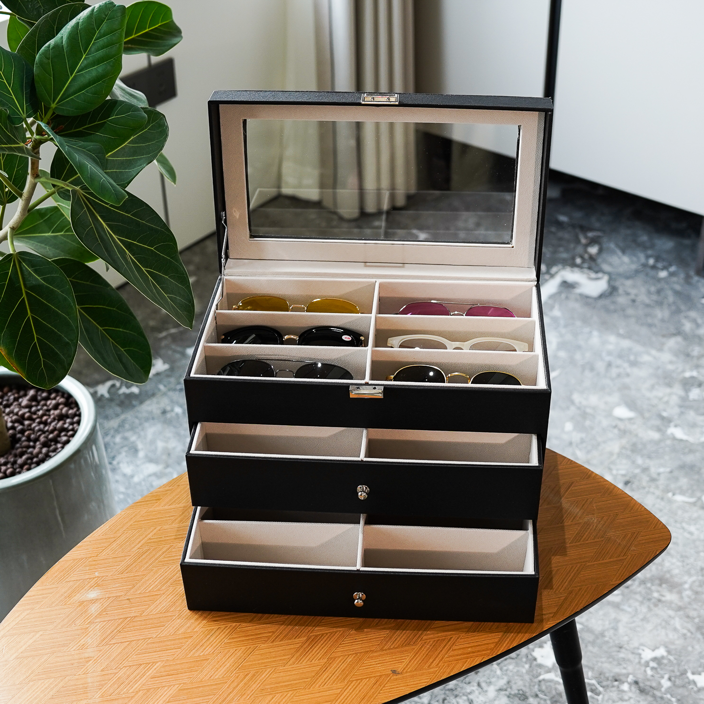 黑色PU皮三层18位眼镜收纳盒防尘