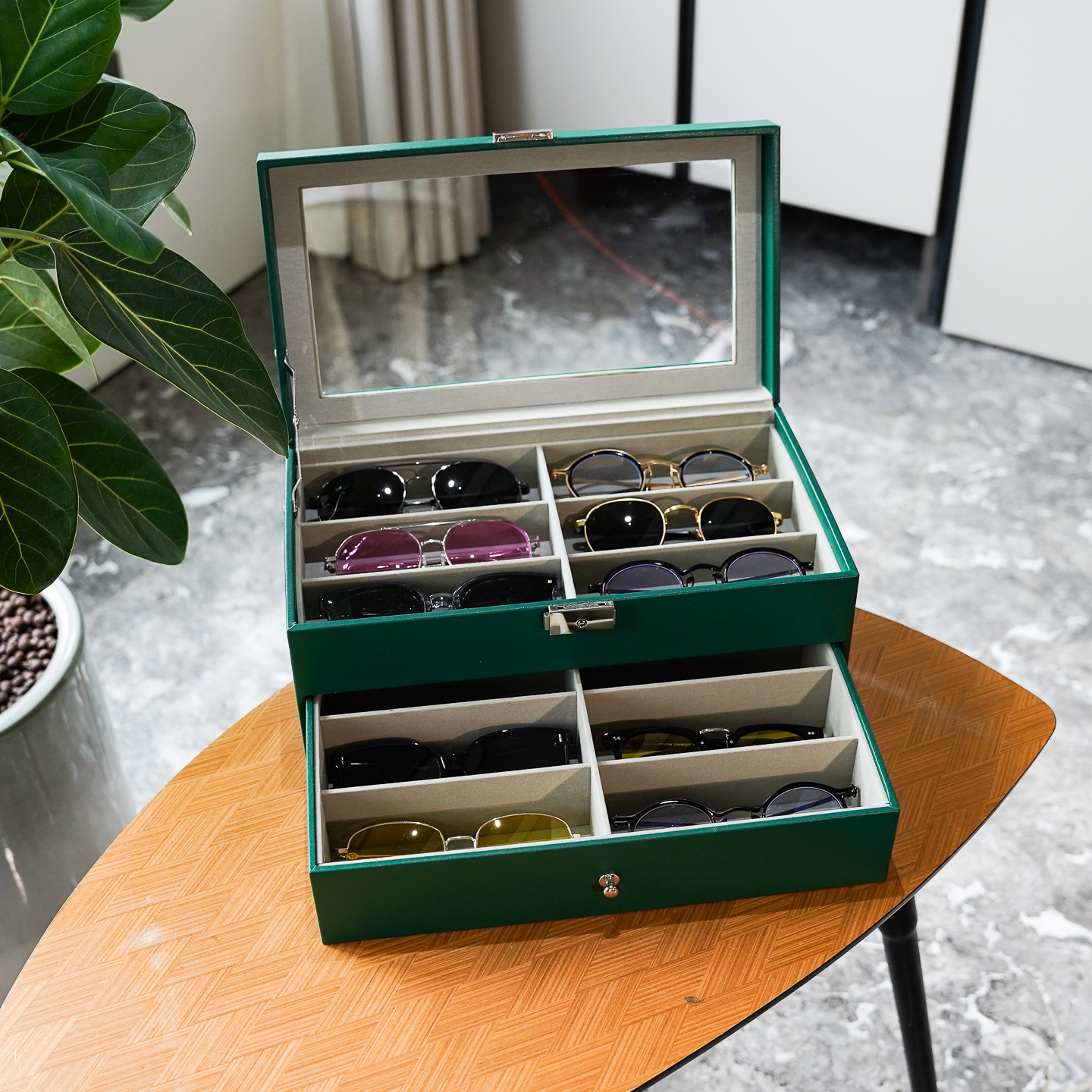 眼镜收纳盒绿色PU皮革双层12格墨镜太阳镜首饰展示收藏箱带盖防尘