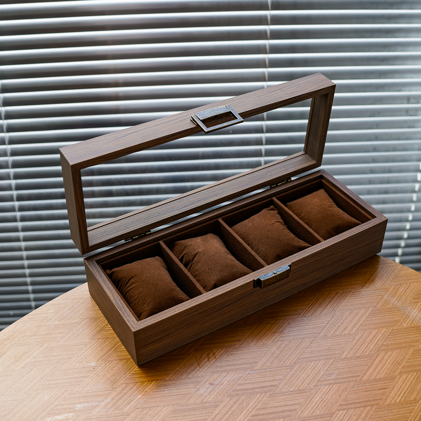 胡桃木纹4位手表盒玻璃天窗