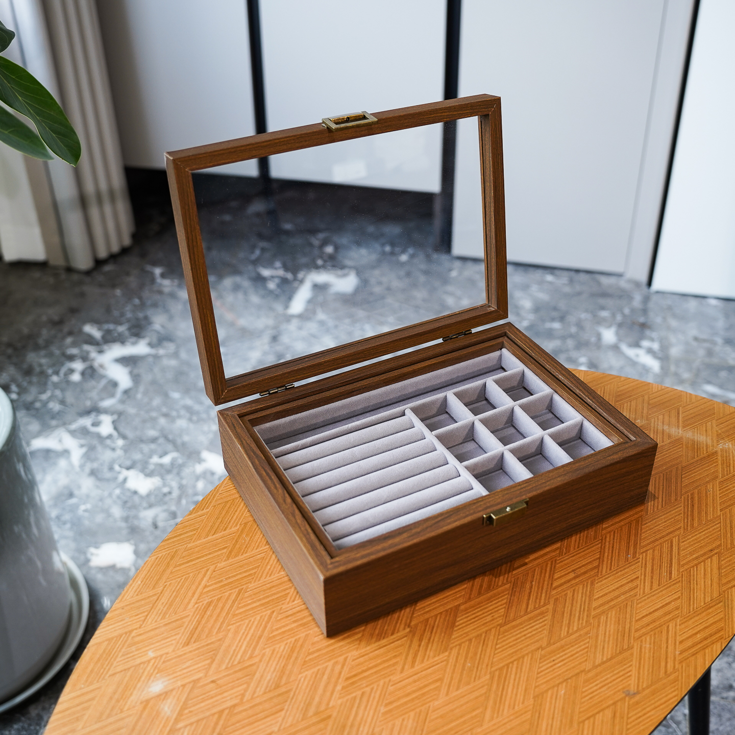 黑胡桃木纹双层多功能首饰收纳盒