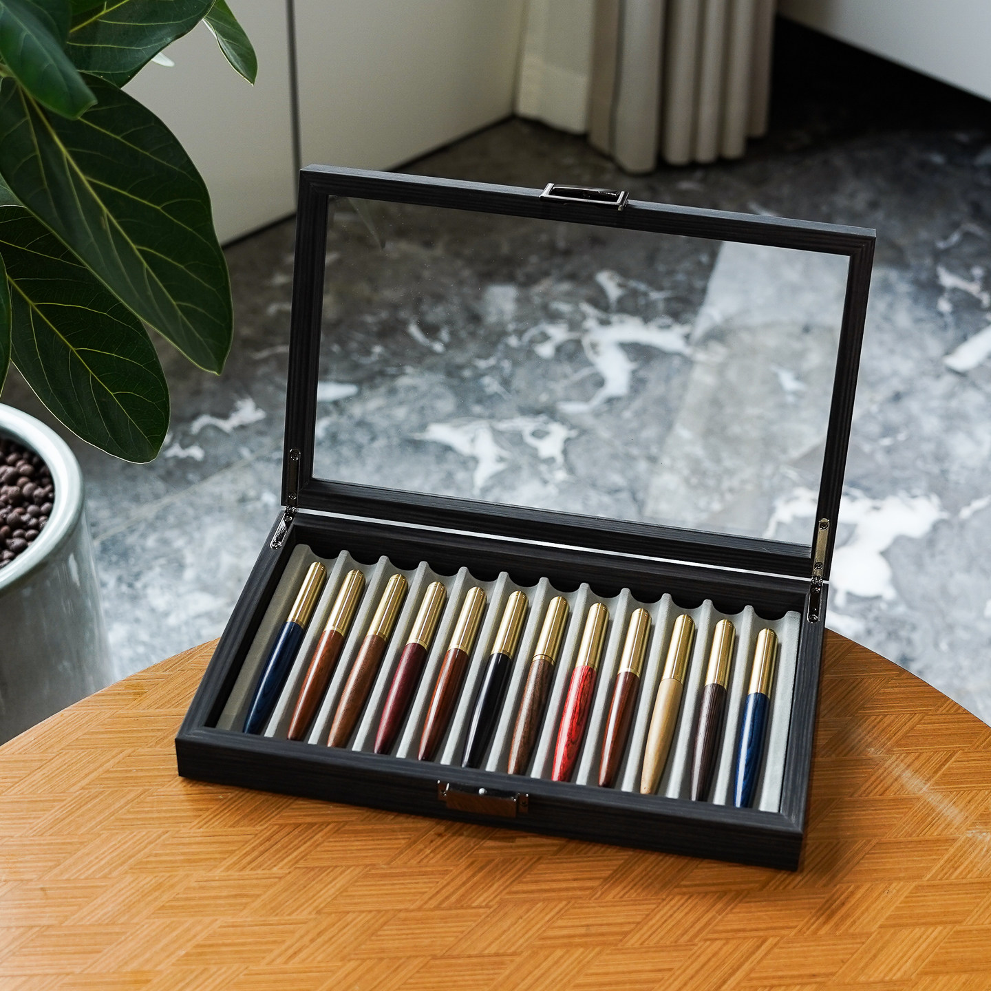 钢笔文具收纳盒黑檀木纹灰色绒布12格高档笔收藏展示陈列架礼品盒