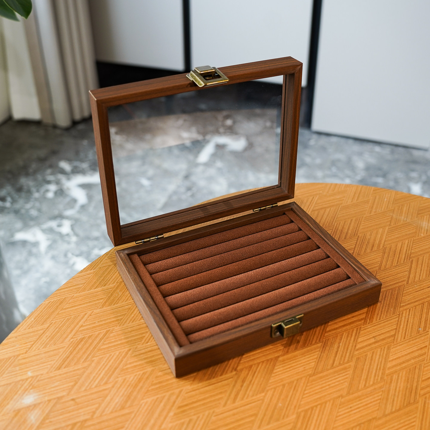 戒指首饰收纳盒小号黑胡桃木纹棕绒布耳钉耳环首饰收藏展示箱防尘