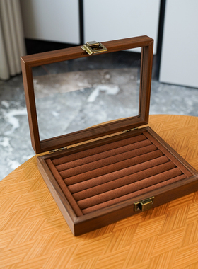 戒指首饰收纳盒小号黑胡桃木纹棕绒布耳钉耳环首饰收藏展示箱防尘