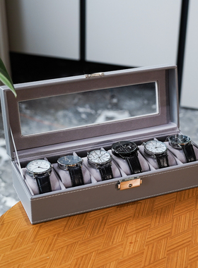 手表收纳盒 灰色PU皮革6位腕表收藏展示箱带锁扣防尘透明天窗绒布