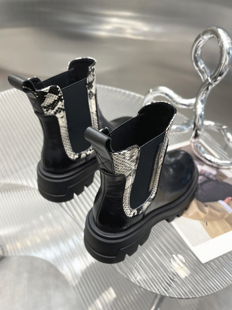 CHELSEA BOOTS WOMENS BRITISH STYLE AUTUMN AND WINTER 2024 NEW LEATHER PLATFORM AND FLEECE EUROPEAN SKINNY CIGARETTE BOOTS
