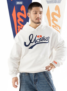 MCREW秋冬新款立体刺绣白色藏青宽松加绒套头长袖连帽卫衣帽衫