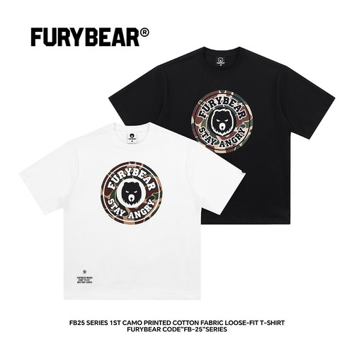 FURYBEAR熊怒FB25系列迷彩印花黑白小领口棉质运动休闲宽松版T恤