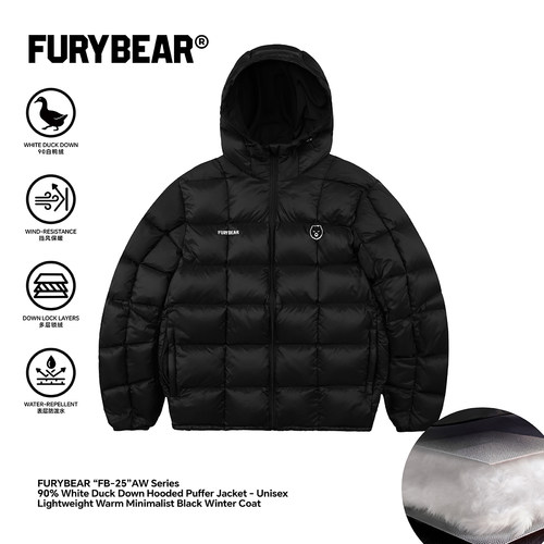 FURYBEAR冬季系列保暖男女同款简约黑色羽绒面包服连帽羽绒服外套