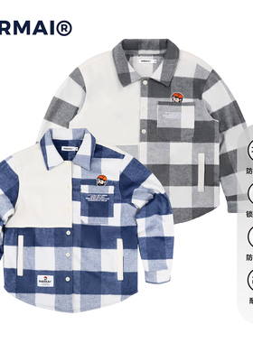 MRMAI CHILL系列秋冬加厚刺绣贴袋蓝白灰白格子毛呢子衬衫式外套