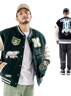 MCREW WILDNESS系列秋冬呢子拼接PU皮刺绣加厚含内里棒球夹克外套