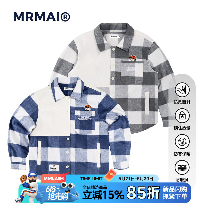 MRMAI CHILL系列秋冬加厚刺绣贴袋蓝白灰白格子毛呢子衬衫式外套