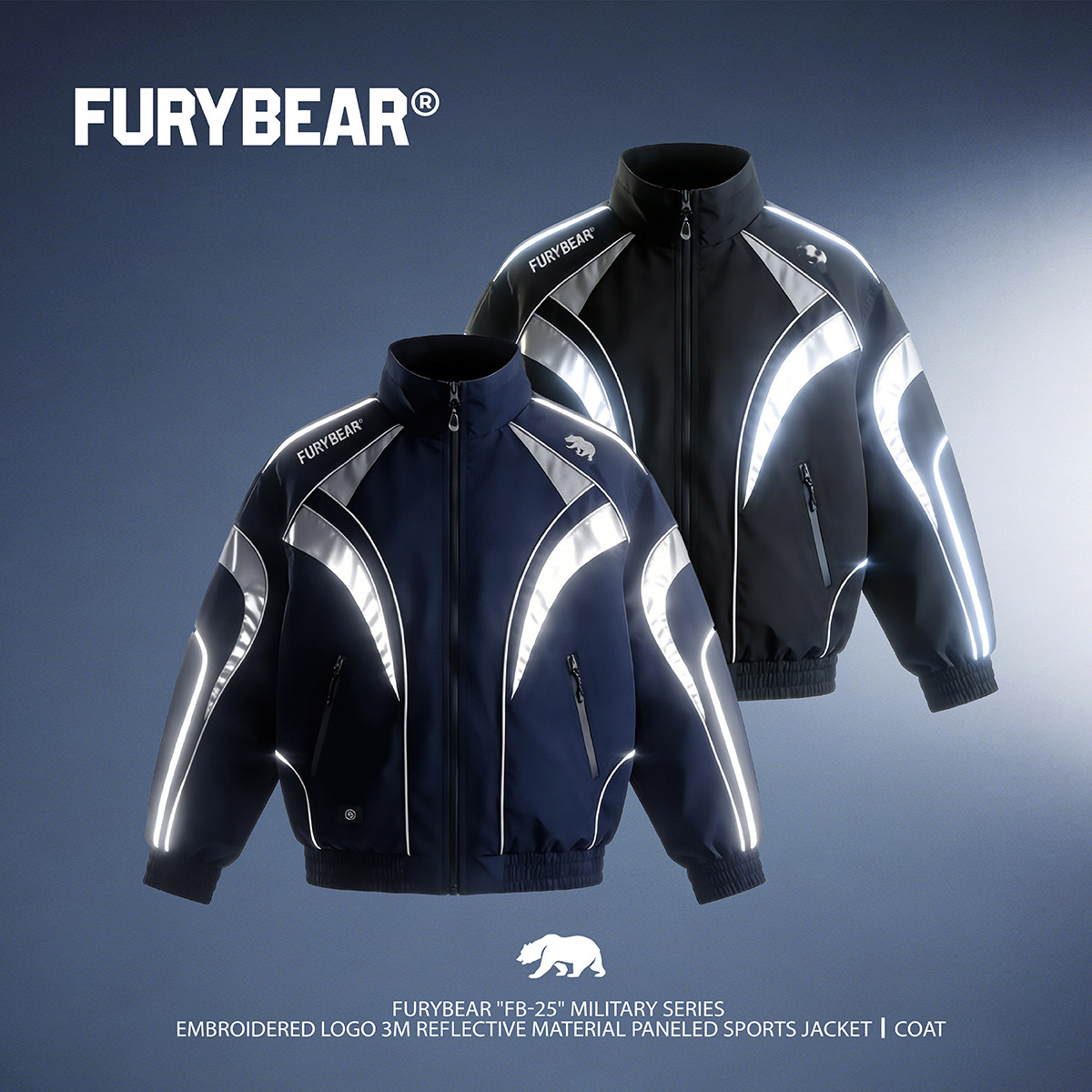 FURYBEAR系列机能风刺绣logo3M反光材料拼接设计感运动夹克外套