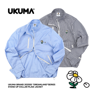 UKUMA香蕉熊秋季 拉链外套 小logo刺绣藏青蓝白贴袋格子立领薄款