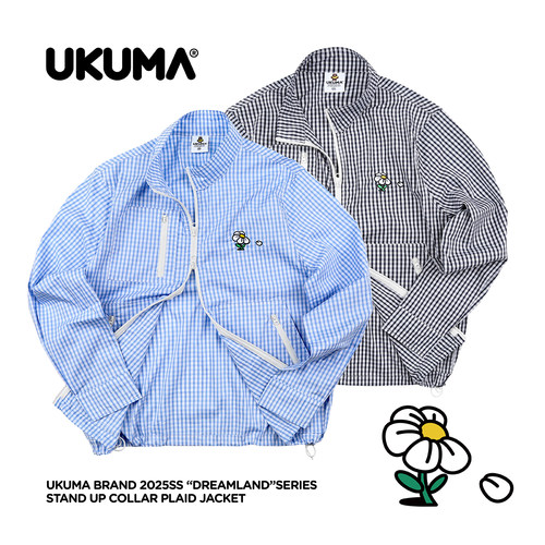 UKUMA香蕉熊秋季小logo刺绣藏青蓝白贴袋格子立领薄款拉链外套