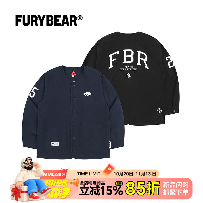 FURYBEAR秋季新款刺绣图案无领棉质美式复古长袖棒球衫薄款外套