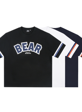 MCREW CABEAR加州熊字母印花白色藏青300g重磅加厚宽松落肩版T恤