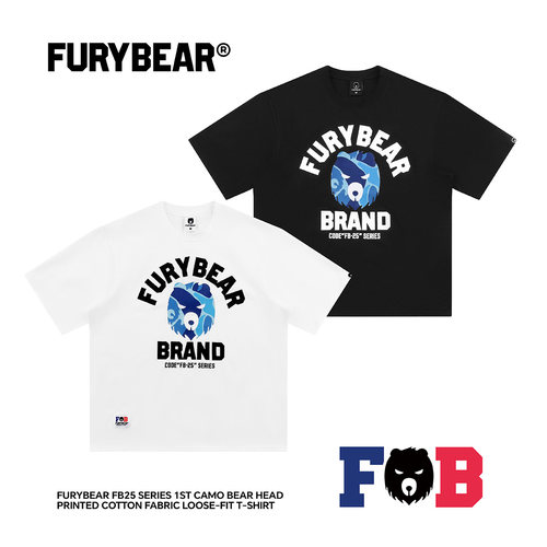 FURYBEAR熊怒FB-25系列夏季迷彩印花白色黑色宽松短袖圆领T恤