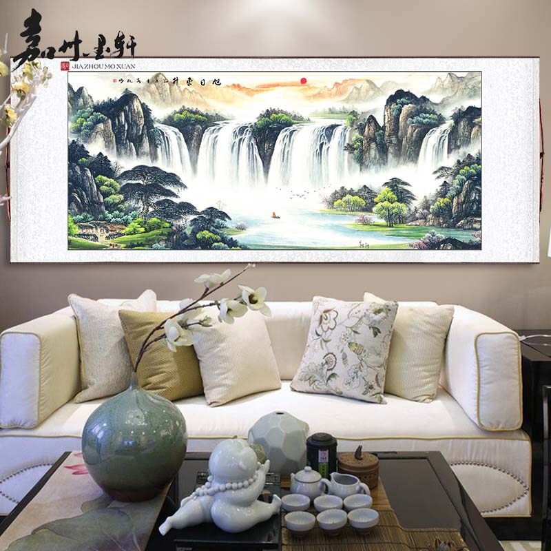 卷轴挂画客厅风水招财挂轴山水画定制中式水墨国画装饰卷画横版挂