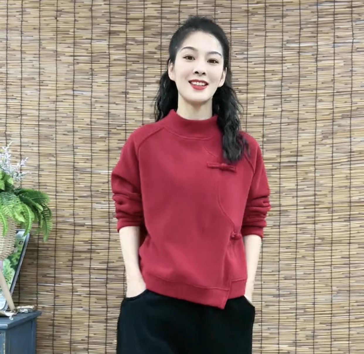 半高领双面奥粒绒盘扣卫衣女