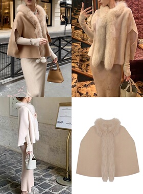 25秋冬新款进口狐狸毛领羊毛斗篷披肩外套女宽松保暖斗篷披肩外套