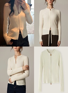 VibrantChic25新款100羊绒双向拉链开衫圆领毛衣短款秋冬针织外套