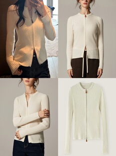 VibrantChic25新款100羊绒双向拉链开衫圆领毛衣短款秋冬针织外套