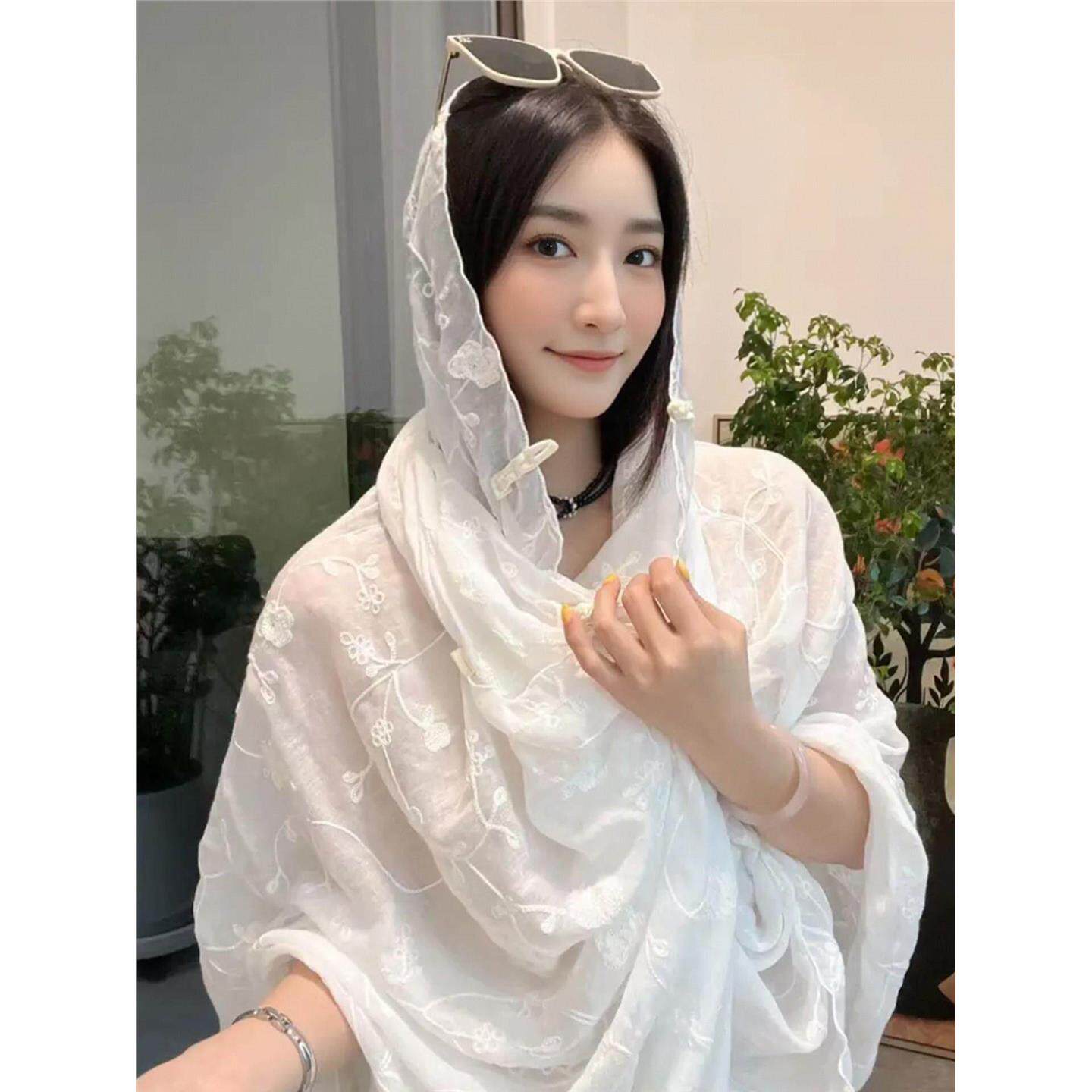 旅游盘扣防晒披肩女外搭时尚民族风新疆西藏海边夏季薄款纱巾丝巾